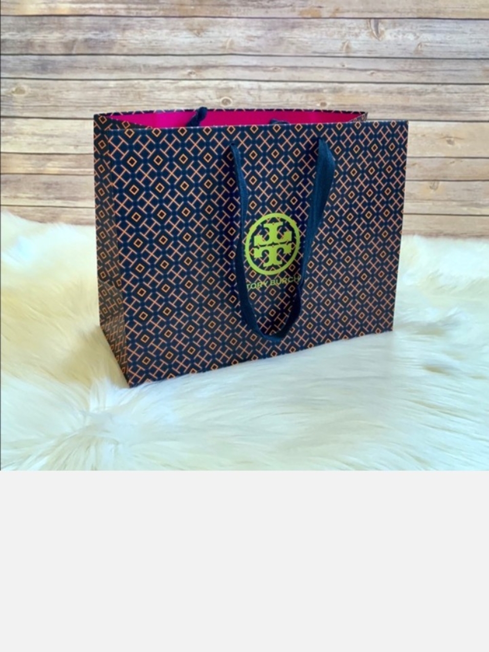 Tory Burch Navy Paper Bag Tote with Orange Geometric Print and Pink Lining